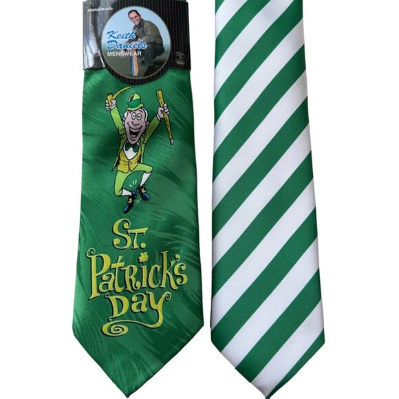 Keith Daniels Neck Tie Leprechaun St Pats Irish Milano Green Stripe Handmade - Picture 1 of 14